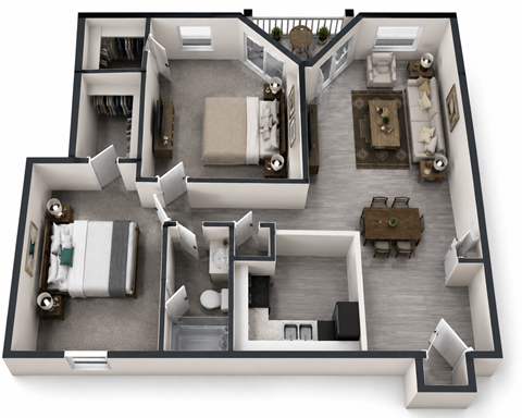 Floor plan for 2 beds, 2 baths, 1055 sqft